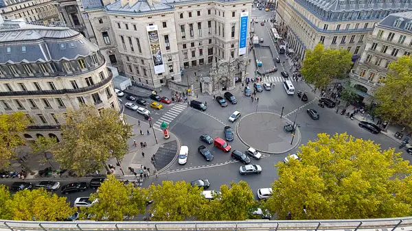 View of street from Galeries Lafayette Paris Haussman rooftop terrace.