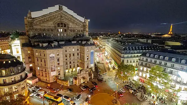 Opera Garnier at night from Galeries Lafayette Paris Haussman roof terrace.
